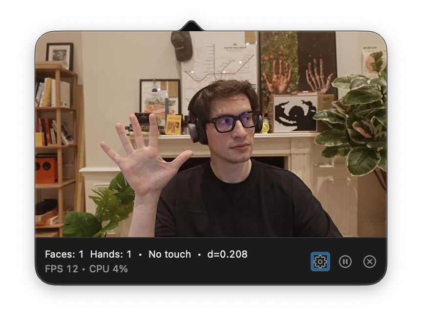 Brrrrr camera view showing detected face and hand, with status readout and CPU usage